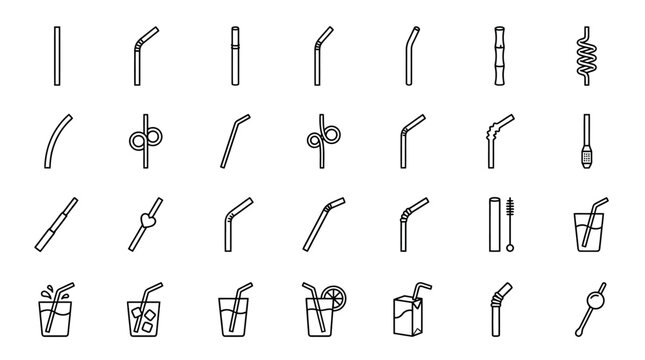 Collection of diverse drinking straws and beverage icons in outline style