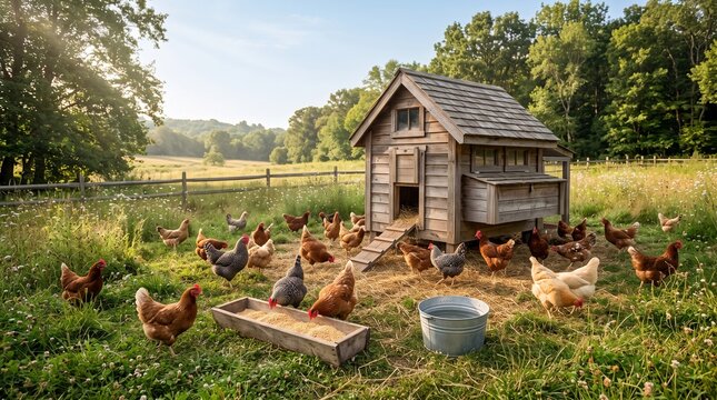 chicken coop with chickens in farm.