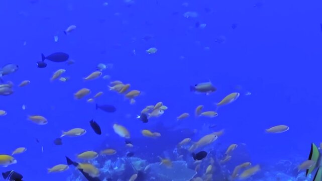Shimmering schools of diverse fish, including elegant batfish, gracefully navigate the sunlit azure waters of a thriving tropical coral reef.