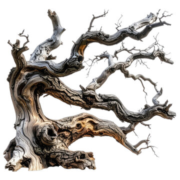 An isolated, gnarled, and weathered dead tree trunk against a black background.