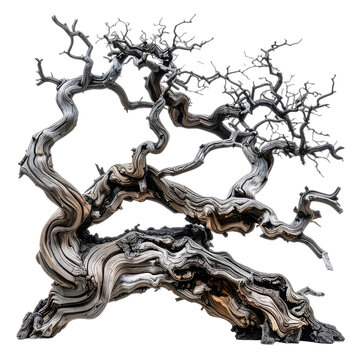 A gnarled and ancient dead tree branch against a black background.