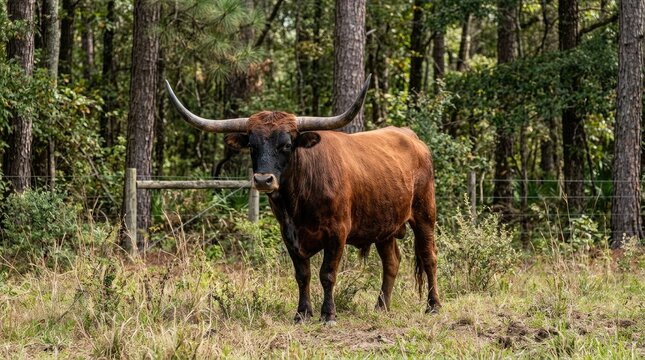 A large, dark brown Ankole-Watusi bull stands in a grassy field, partially enclosed by a wire fence. The bull has long, curved horns and a muscular build.