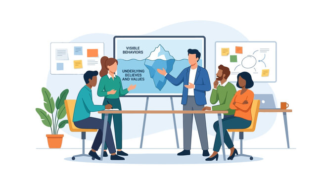 Flat vector illustration of diverse faceless business professionals in a modern office meeting room observing a presentation about the iceberg model of visible behaviors and underlying values.