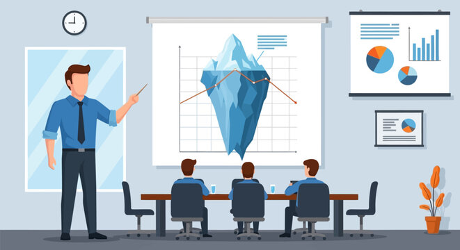 Flat faceless illustration of a businessman presenting an iceberg infographic and data charts to a group of colleagues in a modern office conference room meeting setting.