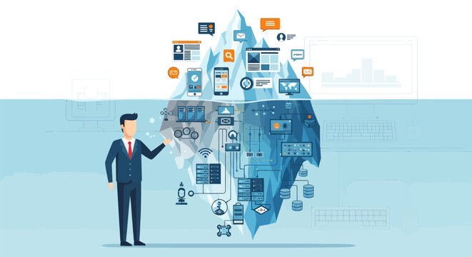 Flat faceless illustration of a businessman showing an iceberg metaphor for digital technology; user interface above water and complex backend server infrastructure and data below.