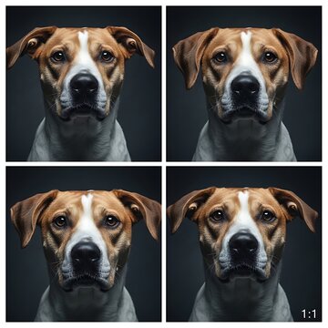 Close up portraits of a brindle boxer dog with white markings.
