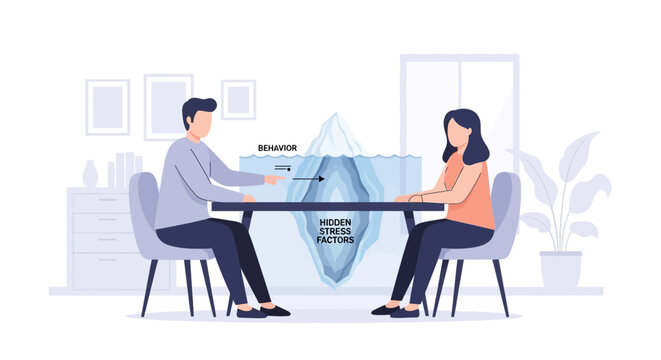 Flat vector illustration of a man and woman discussing behavioral issues using an iceberg metaphor showing visible actions and underlying hidden stress factors in a minimalist room.