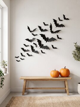 Flying bats wall decal over console table