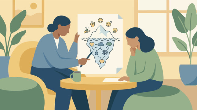Flat faceless illustration of a female therapist showing an iceberg psychology diagram to a patient in a cozy office with plants, highlighting subconscious emotions and mental health.