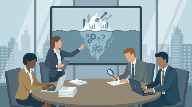 Flat faceless illustration of a diverse business team in a corporate meeting room analyzing an iceberg chart on a screen representing hidden data and complex problem solving.
