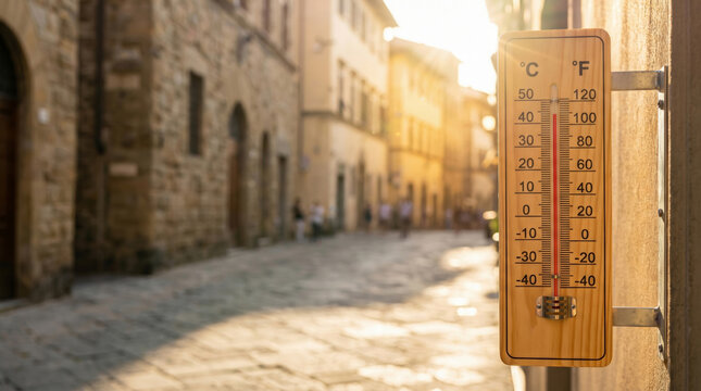 Heatwave risk climate outdoor thermometer city street summer sun glare urban heat risk climate concern. Warming hazard emergency. climate change warning, temperature drought, weather hot summer