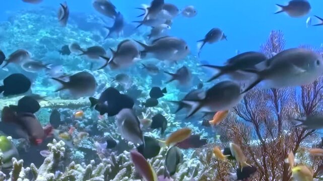 Experience the breathtaking underwater world. Countless radiant fish of diverse hues glide gracefully through a magnificent coral reef, bathed in serene blue ocean light. A true marine spectacle.