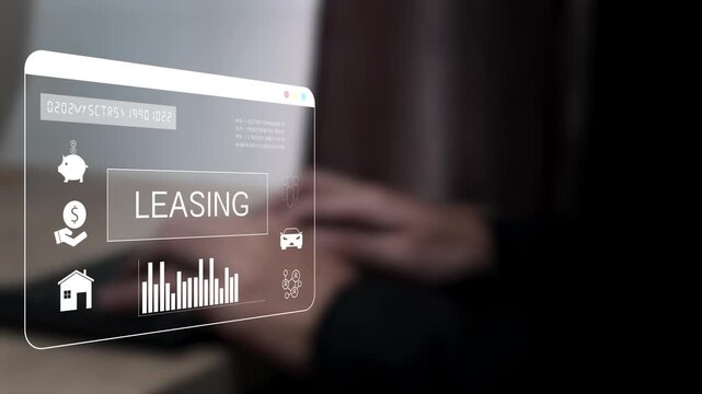 Businessman using digital leasing platform for car and property rental contract, online finance management, financial agreement, asset leasing, and modern investment service concept.