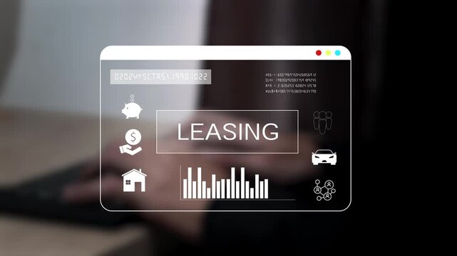 Businessman using digital leasing platform for car and property rental contract, online finance management, financial agreement, asset leasing, and modern investment service concept.