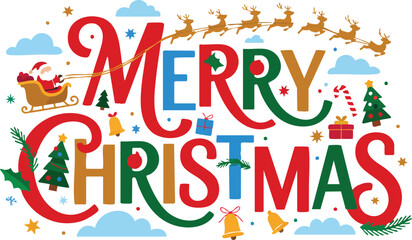 Festive merry christmas typography with santa reindeer and holiday decorations © NUR