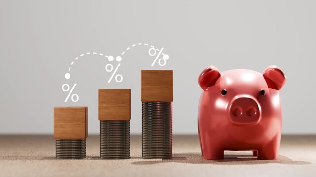 Financial planning and savings growth strategy with piggy bank, stacked coins and percentage increase icons for wealth accumulation, interest rate analysis.