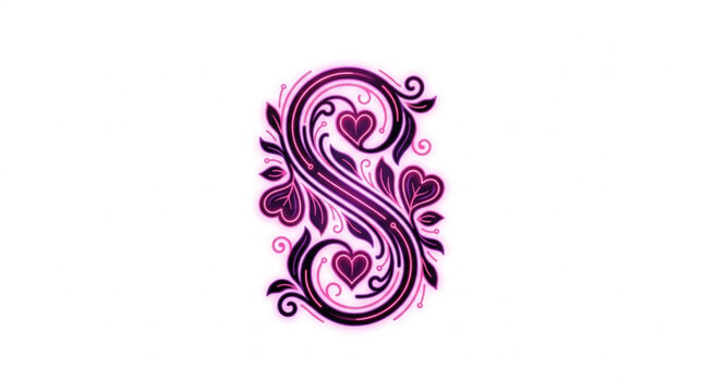 Elegant S Letter with Hearts and Swirls.