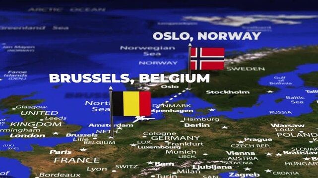 Flight From Oslo NORWAY to Brussels BELGIUM with flag pins