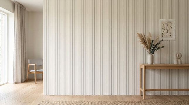 Int&eacute;rieur moderne minimaliste avec un mur &agrave; lattes en bois clair et une d&eacute;coration &eacute;l&eacute;gante.