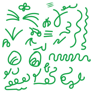 Green Hand Drawn Nature Doodle Collection with Leaves Flowers and Organic Sketches