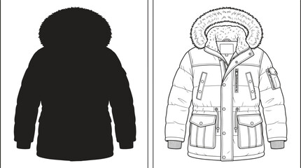 Jacket Winter Hooded Parka with Fur Trim, Featuring a Dark Silhouette and a Detailed Line Art Drawing © Md