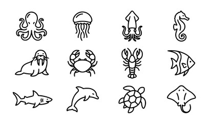 Marine Animals Outline Icon Set with Octopus Shark Dolphin Turtle Crab Seahorse and Ocean Wildlife Vector Collection © Yeasin