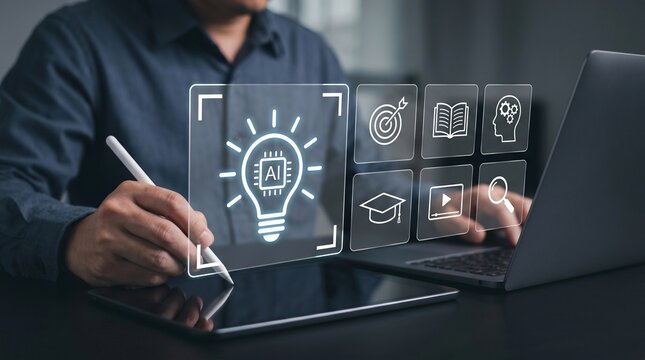 AI Powered Smart Education Technology with Interactive Learning Icons. Digital Knowledge Tools on Tablet for Personalized Study and Training