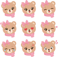 Fototapeta premium Cute Teddy Bear Emoticons Set Featuring Various Facial Expressions and Emotional States for Creative Projects