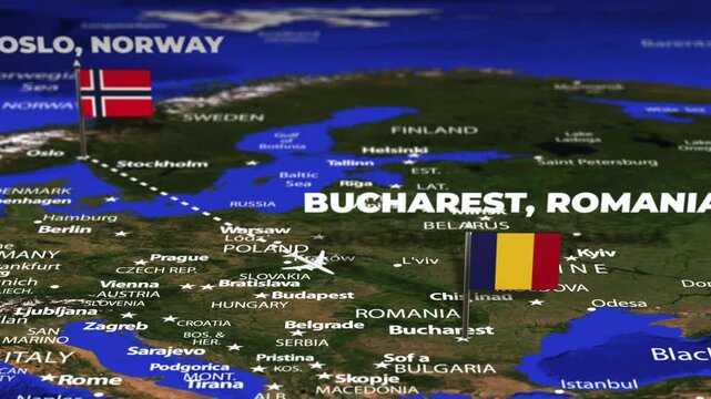 Flight From Oslo NORWAY to Bucharest ROMANIA with flag pins