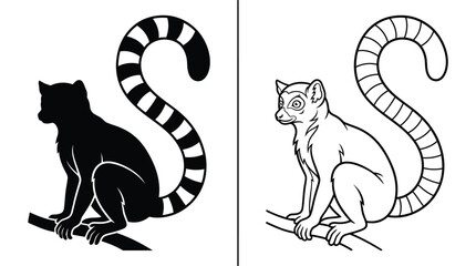 Lemur Silhouette and Outline Sitting on a Branch with Its Tail Curved Like the Letter S. © Md