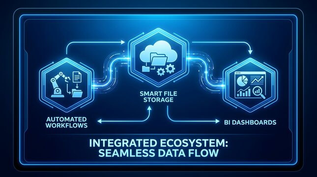 Integrated ecosystem with smart file storage and automated workflows for seamless data flow and bi dashboards