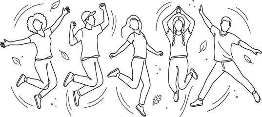 Fototapeta premium Continuous line art of happy young diverse people jumping together celebrating success and freedom vector illustration
