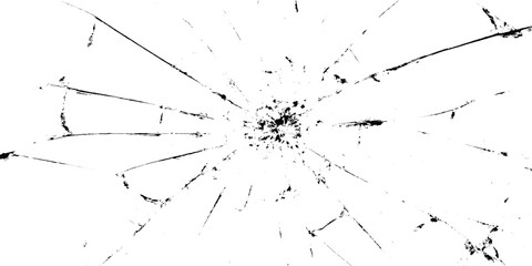 Black and white vector illustration of shattered glass or broken windshield with radial cracks and damage marks on a white grunge background for design and texture use © TRIPPLE THREE