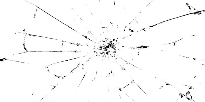 Black and white vector illustration of shattered glass or broken windshield with radial cracks and damage marks on a white grunge background for design and texture use