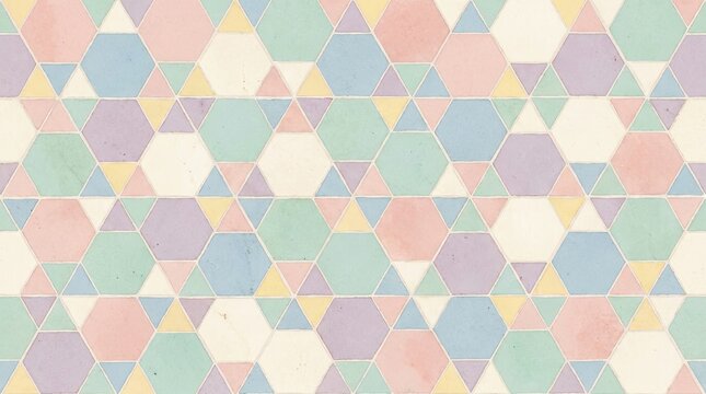 A colorful geometric pattern is composed of overlapping hexagons and triangles. The tiles are arranged in a repeating, tessellated design.