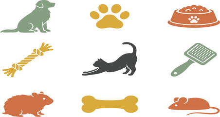 Pet care and domestic animal icon set with dog cat hamster bowl food rope toy bone vector © Mahan