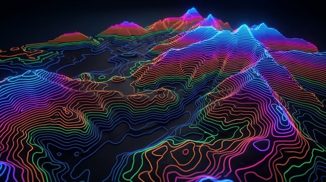 Abstract 3D Neon Topography Map Spatial Data Visualization