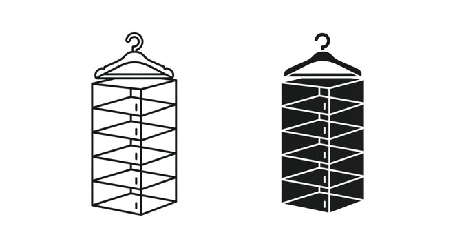 Black and white hanging closet organizer with shelves