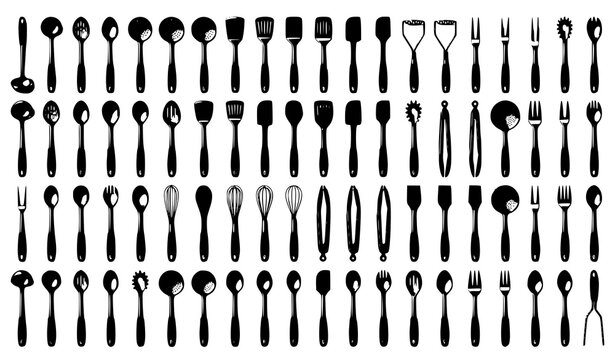 Realistic 3D Kitchen Cooking Utensils Vector Set with Ladles Spatulas Potato Masher and Meat Fork