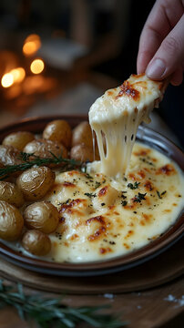 Cheese fondue with roasted potatoes is lifted by a hand, showing strings of melted cheese stretching from the dish in a rustic kitchen setting.