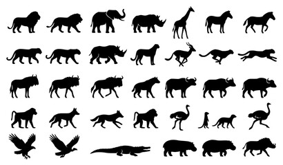 Fototapeta premium africa, wildlife, silhouette, safari, lion, elephant, giraffe, zebra, cheetah, leopard, rhino, buffalo, hippo, gazelle, vulture, ostrich, crocodile, conservation, nature, animal, vector, black, isolat