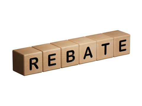 wooden cube block with REBATE business word.close up of wooden elements,Business Concept.Supports PNG files with transparent backgrounds.