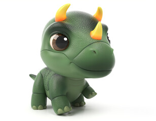 Fototapeta premium Green dinosaur toy with orange horns standing on white surface looking right