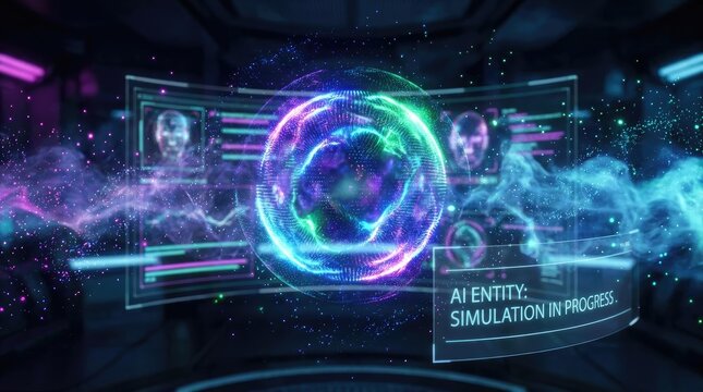 An AI entity is being simulated within a futuristic, holographic environment. A vibrant, swirling energy field surrounds a central, glowing orb displaying a human-like face.
