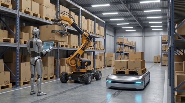 Humanoid robot managing automated warehouse with robotic arm and AGV carrying boxes 3d render