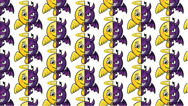 Angel and devil emoji pattern vector with repeating split faces, halo and horn contrast, playful good vs evil design