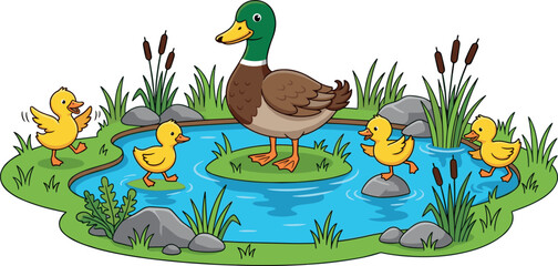 Obraz premium Cute Duck Family with Little Yellow Ducklings Swimming in a Pond Cartoon Illustration Vector Background for Children Books and Educational Graphics