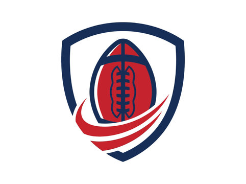 Shield logo design with american football ball and curved swoosh motion elements for professional sports club identity.