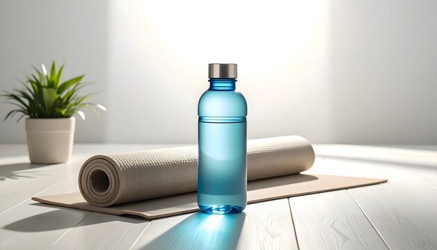 Botella reutilizable azul junto a una esterilla de yoga en un espacio luminoso para ejercicio y bienestar