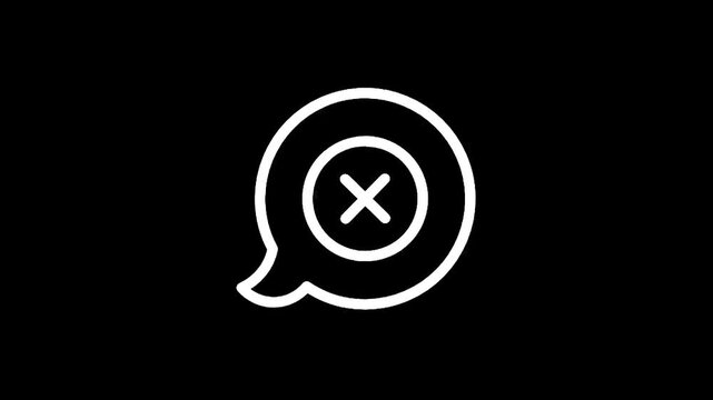 White chat bubble icon with a cross inside a circle on a black background